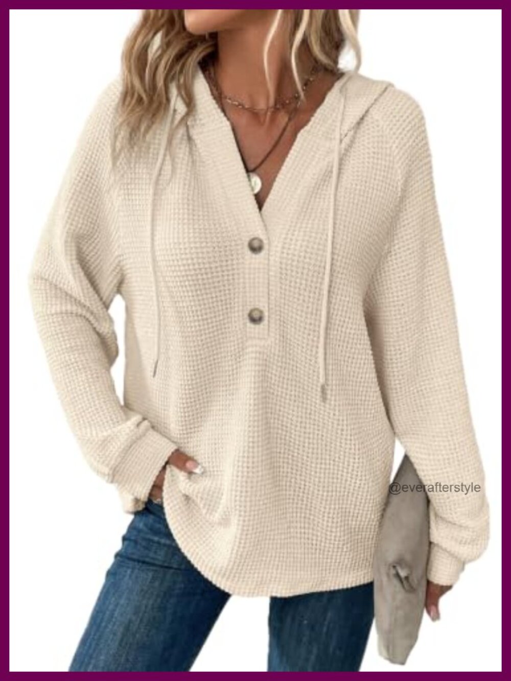 Waffle Knit Button V Neck Hoodie Oversized Sweatshirt Casual Pullover